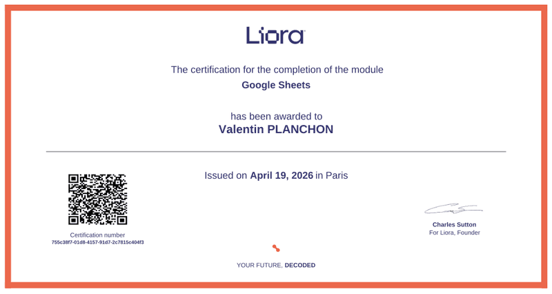 Certificat Google Sheets — Liora