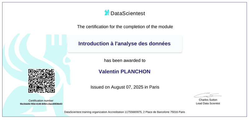 Certificat Introduction à l'analyse des données — Liora