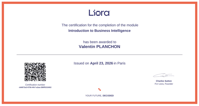 Certificat Introduction to Business Intelligence — Liora