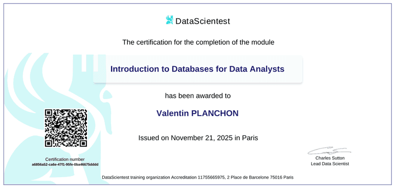 Certificat Databases for Data Analyst — Liora