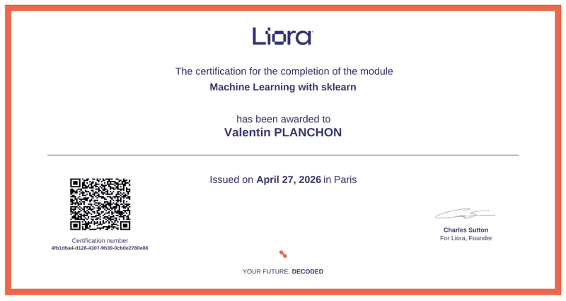 Certificat Machine Learning with scikit-learn — Liora