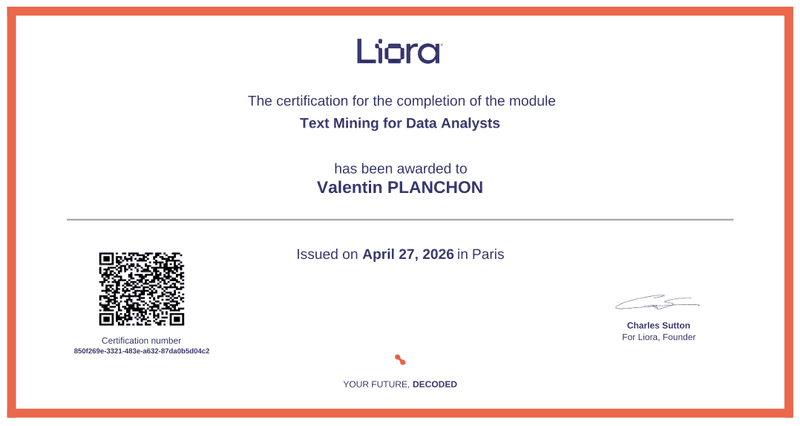 Certificat Text Mining for Data Analysts — Liora