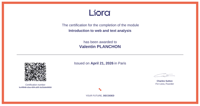 Certificat Web & Text Analysis — Liora