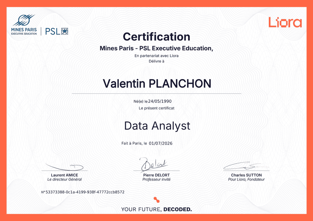 Certificat Data Analyst — Mines Paris PSL Executive Education × Liora