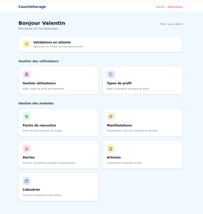 Interface web d'administration de CauxVoiturage : validations, gestion des utilisateurs, points de rencontre, manifestations, alertes et calendrier.