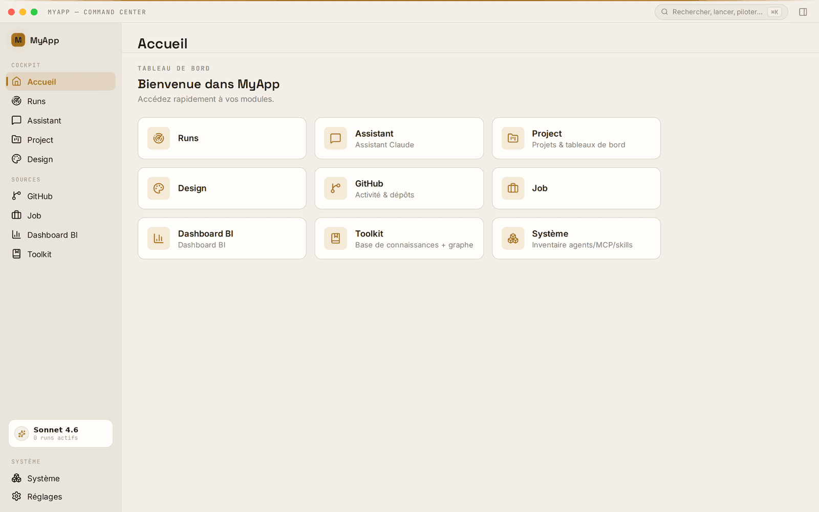 Écran d'accueil de MyApp : grille des modules (Runs, Assistant, Project, Design, GitHub, Job, Dashboard BI, Toolkit) et barre de commande ⌘K.