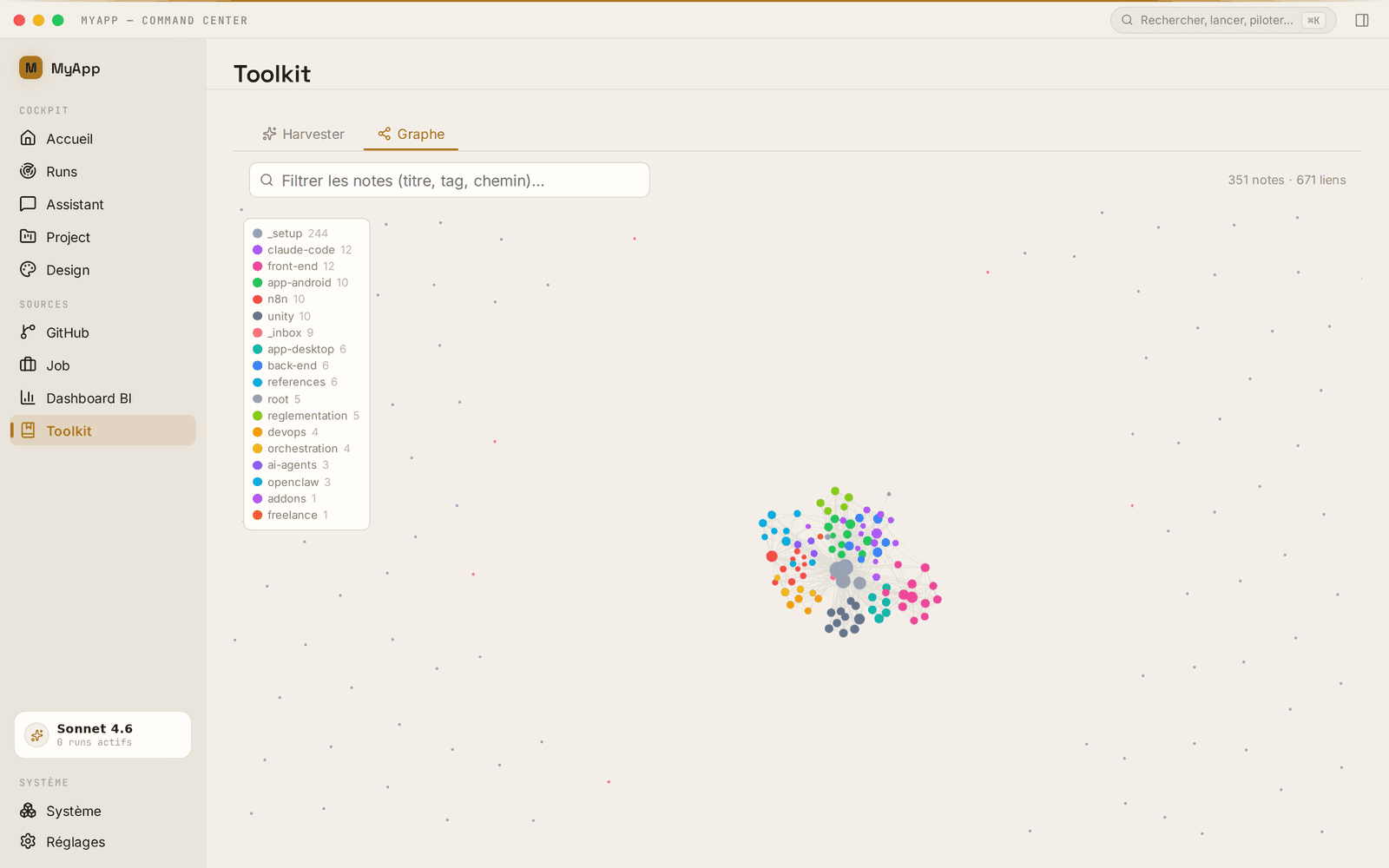 Graphe de connaissance du Toolkit dans MyApp : 351 notes et 671 liens, colorés par domaine (setup, claude-code, back-end, ai-agents…).